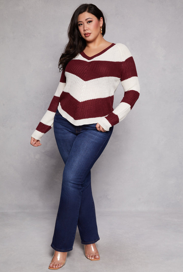 Plus Size Chevron Knit Lace Up V Neck Sweater