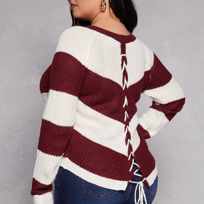 Plus Size Chevron Knit Lace Up V Neck Sweater
