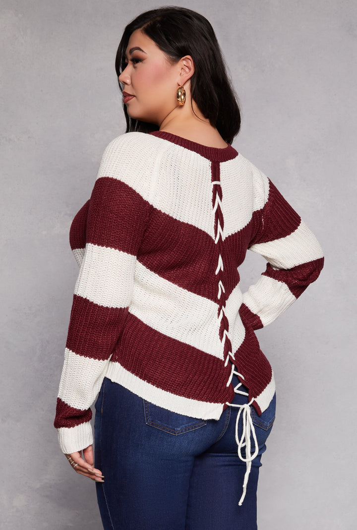 Plus Size Chevron Knit Lace Up V Neck Sweater