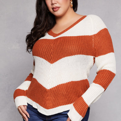 Plus Size Chevron Knit Lace Up V Neck Sweater