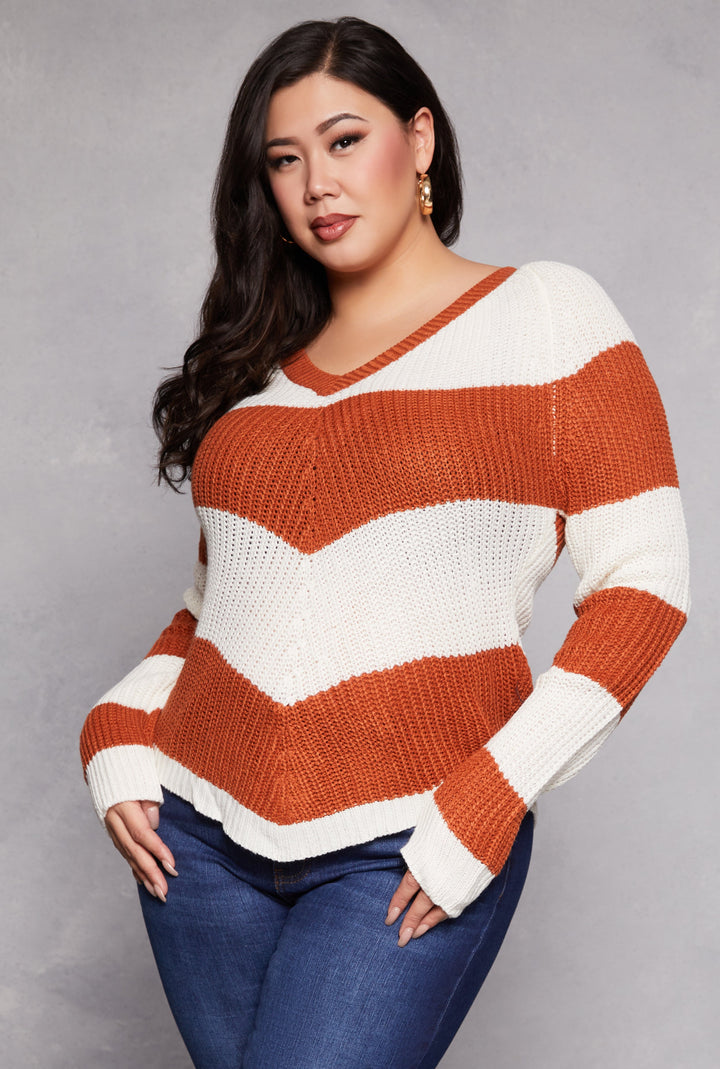 Plus Size Chevron Knit Lace Up V Neck Sweater