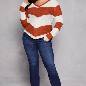 Plus Size Chevron Knit Lace Up V Neck Sweater