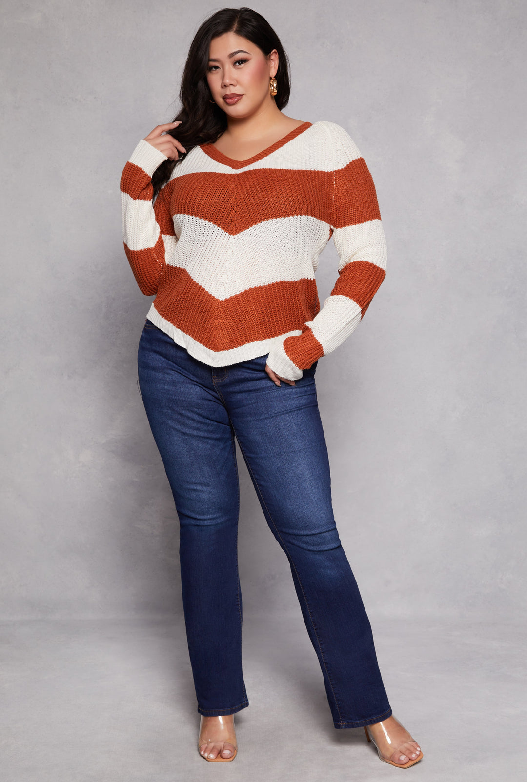 Plus Size Chevron Knit Lace Up V Neck Sweater