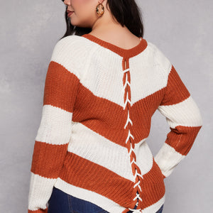 Plus Size Chevron Knit Lace Up V Neck Sweater