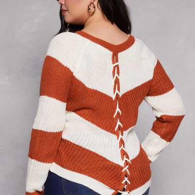 Plus Size Chevron Knit Lace Up V Neck Sweater