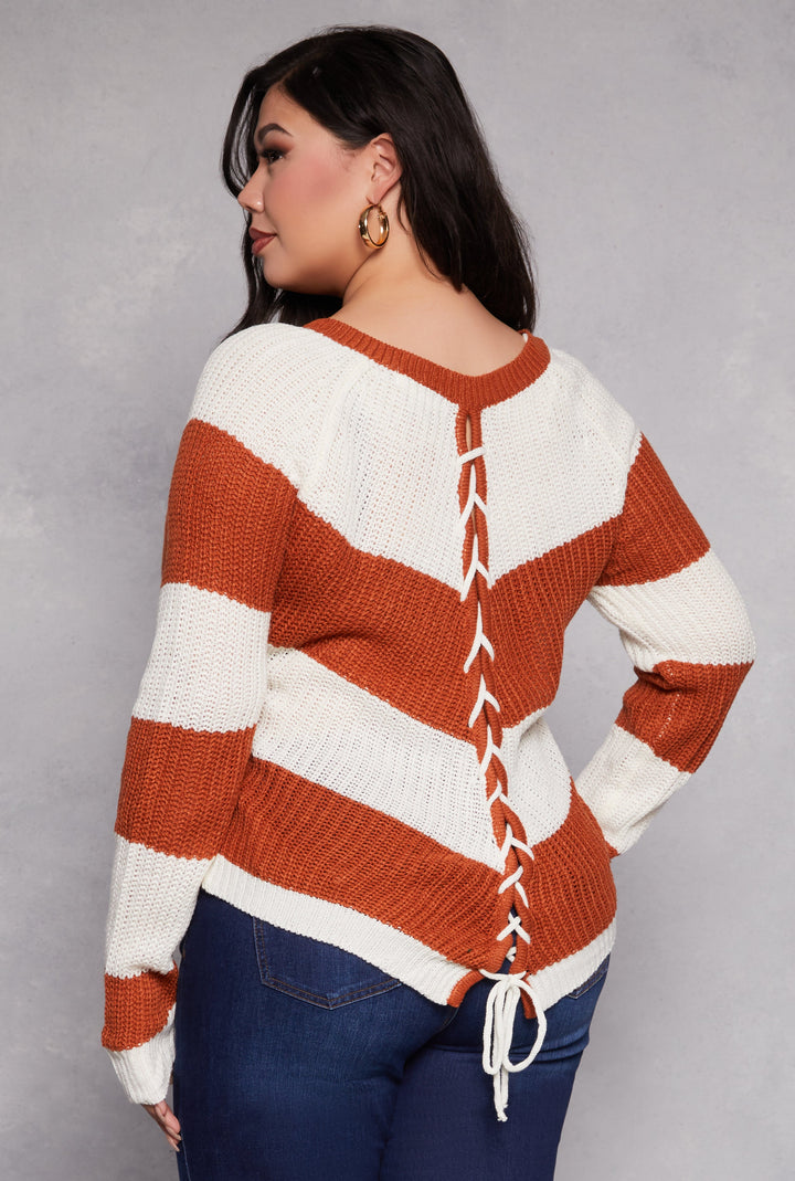 Plus Size Chevron Knit Lace Up V Neck Sweater