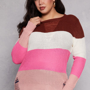 Plus Size Striped Distressed Long Sleeve Sweater