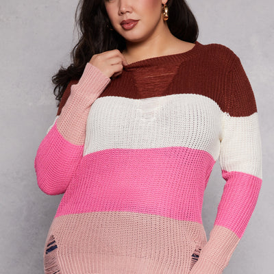 Plus Size Striped Distressed Long Sleeve Sweater