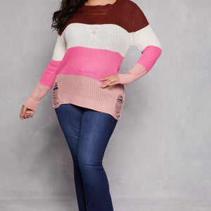 Plus Size Striped Distressed Long Sleeve Sweater