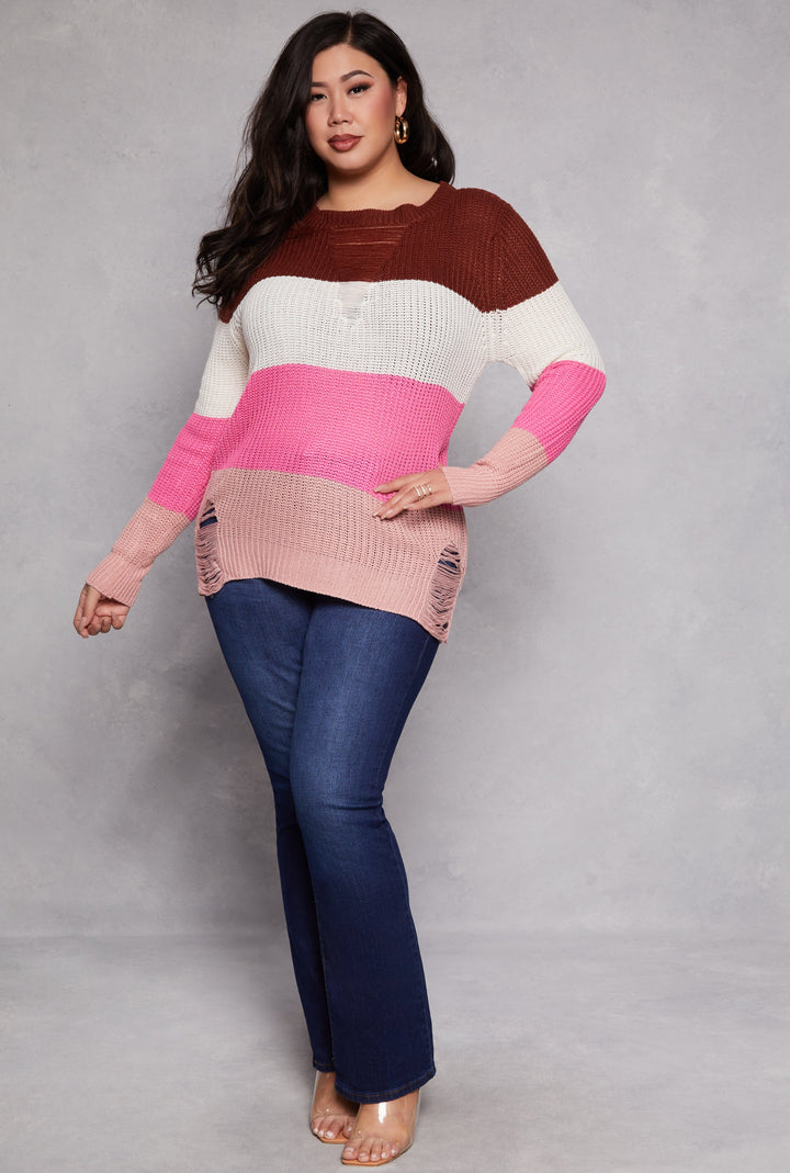 Plus Size Striped Distressed Long Sleeve Sweater