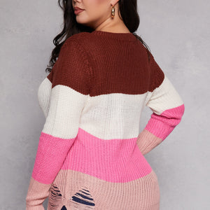 Plus Size Striped Distressed Long Sleeve Sweater