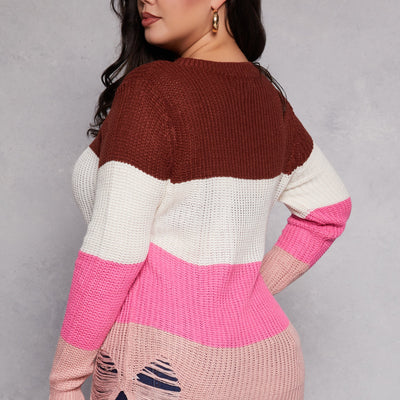 Plus Size Striped Distressed Long Sleeve Sweater