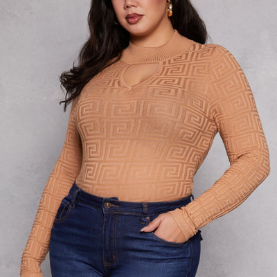 Plus Size Greek Key Mock Neck Keyhole Sweater