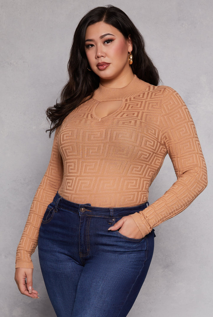 Plus Size Greek Key Mock Neck Keyhole Sweater