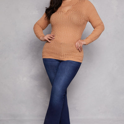 Plus Size Greek Key Mock Neck Keyhole Sweater