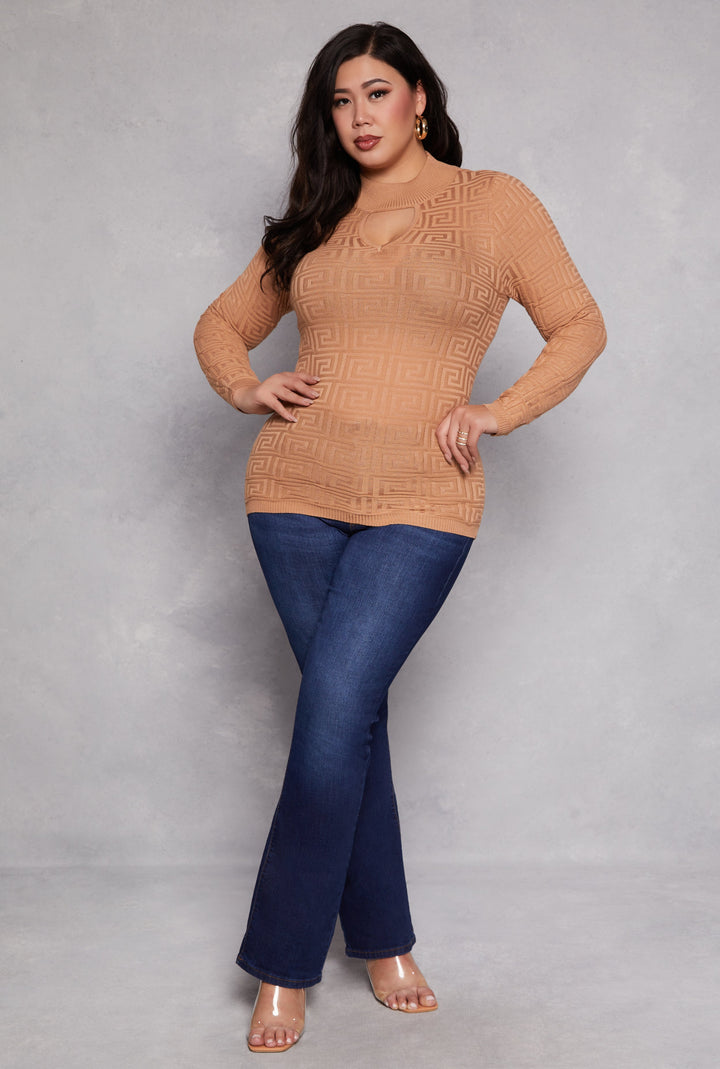 Plus Size Greek Key Mock Neck Keyhole Sweater