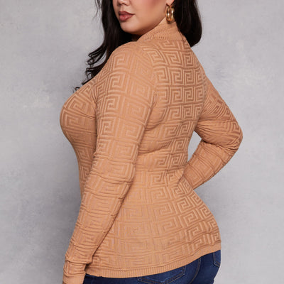 Plus Size Greek Key Mock Neck Keyhole Sweater