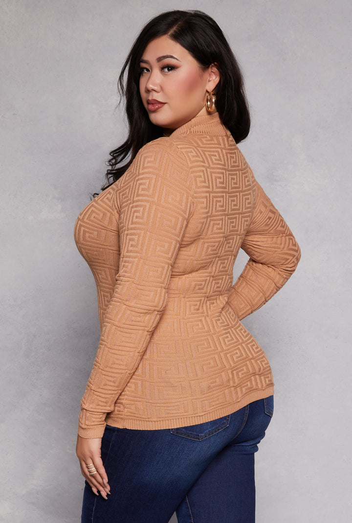 Plus Size Greek Key Mock Neck Keyhole Sweater