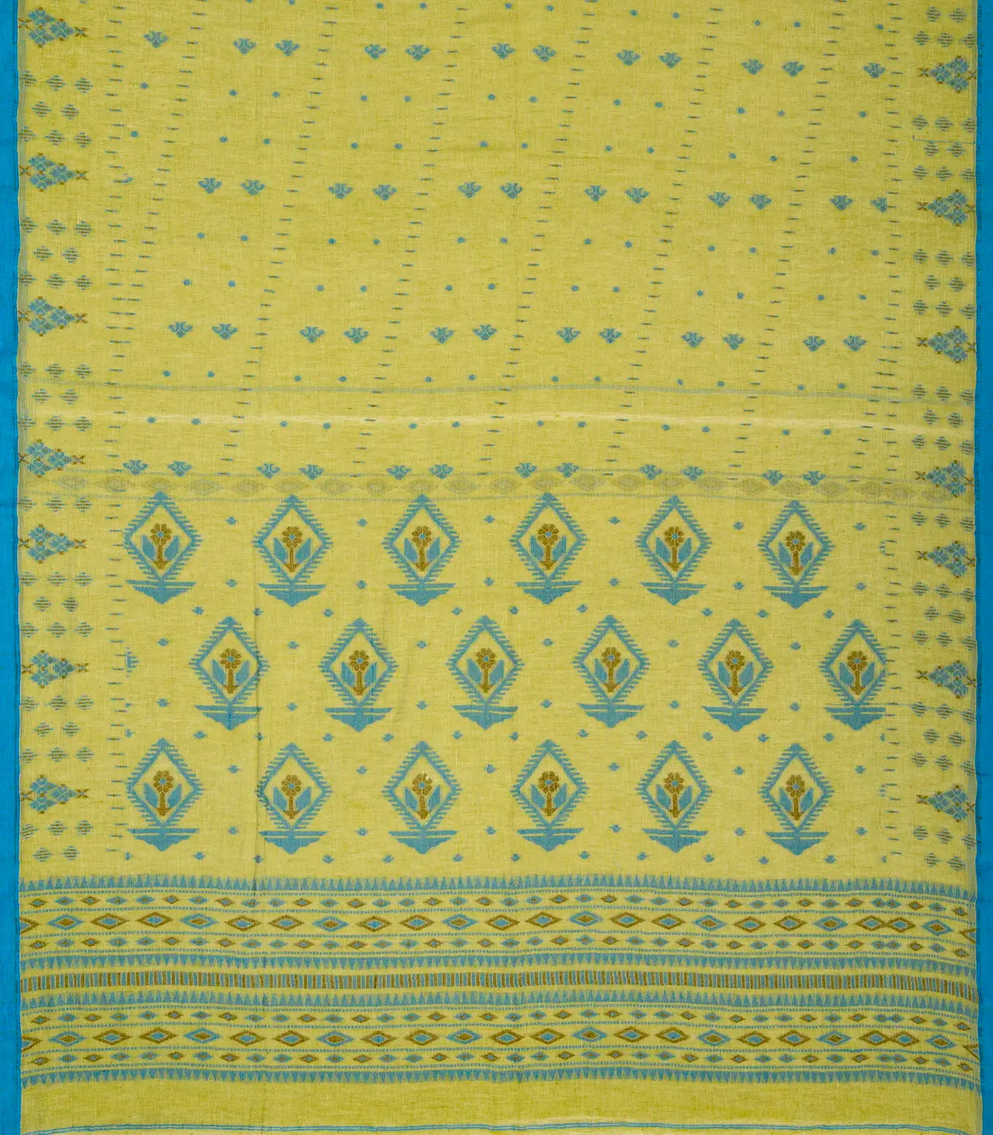 Lime Green Bengal Cotton Saree With Floral Motifs