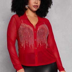 Plus Size Rhinestone Mesh Button Front Shirt