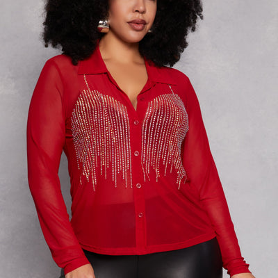 Plus Size Rhinestone Mesh Button Front Shirt