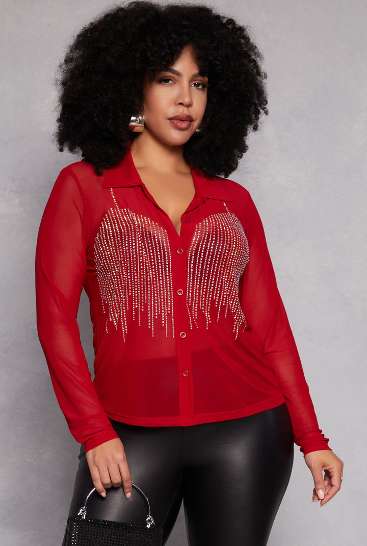 Plus Size Rhinestone Mesh Button Front Shirt