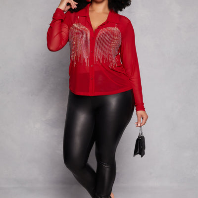Plus Size Rhinestone Mesh Button Front Shirt
