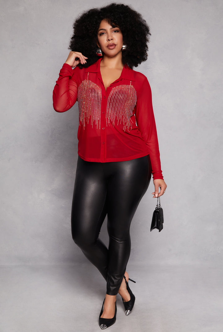 Plus Size Rhinestone Mesh Button Front Shirt