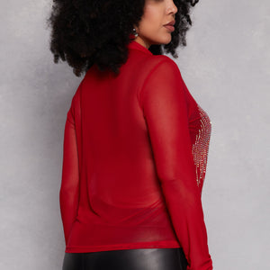 Plus Size Rhinestone Mesh Button Front Shirt