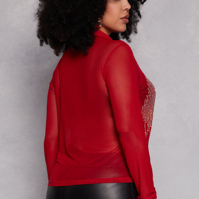 Plus Size Rhinestone Mesh Button Front Shirt