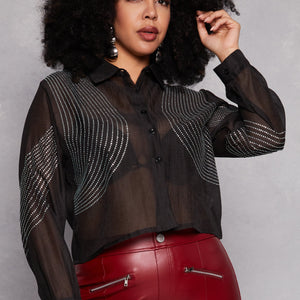 Plus Size Rhinestone Organza Top