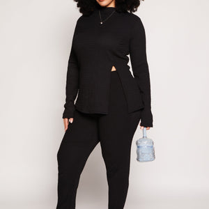Plus Size Textured Knit Slit Hem Pants