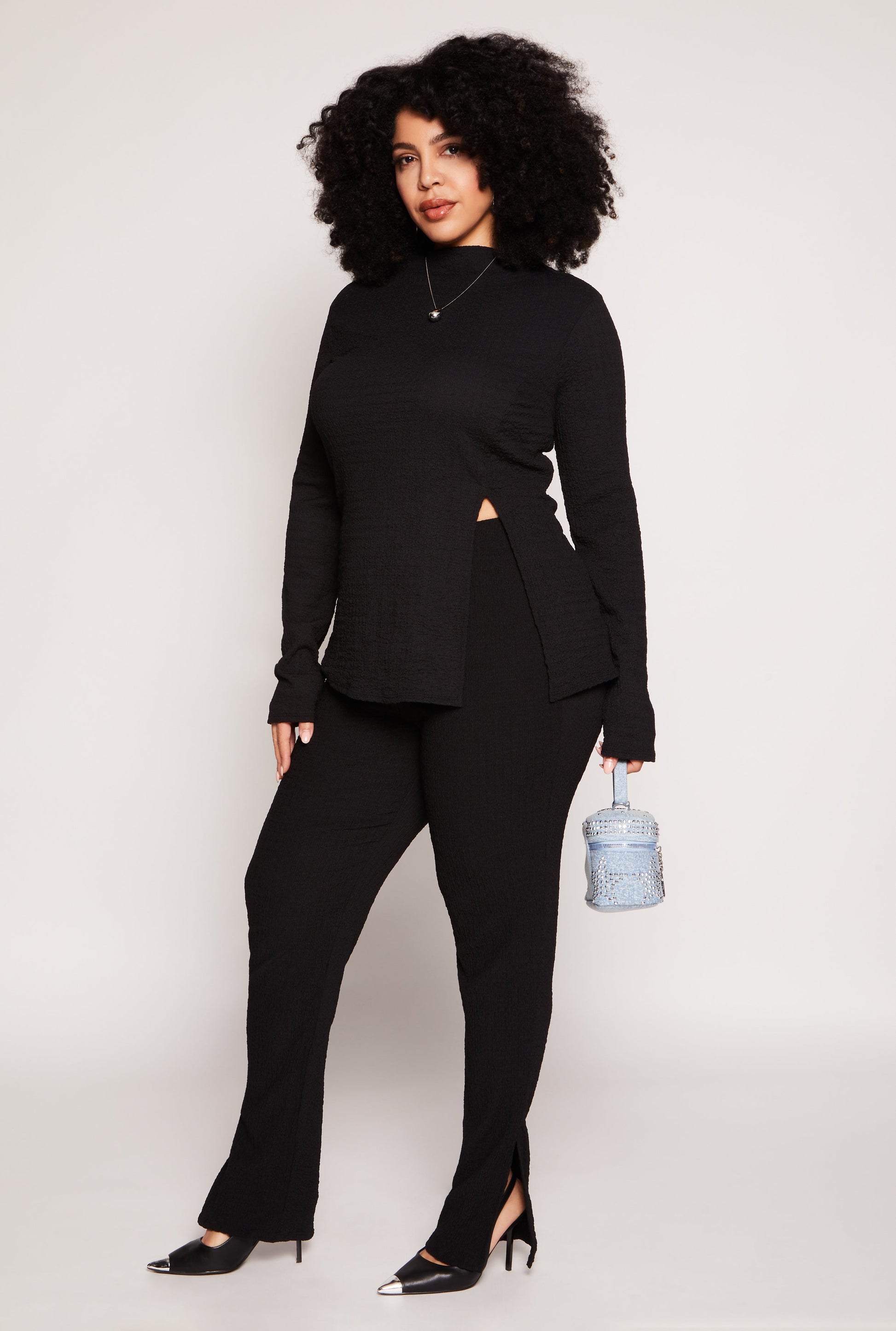 Plus Size Textured Knit Slit Hem Pants
