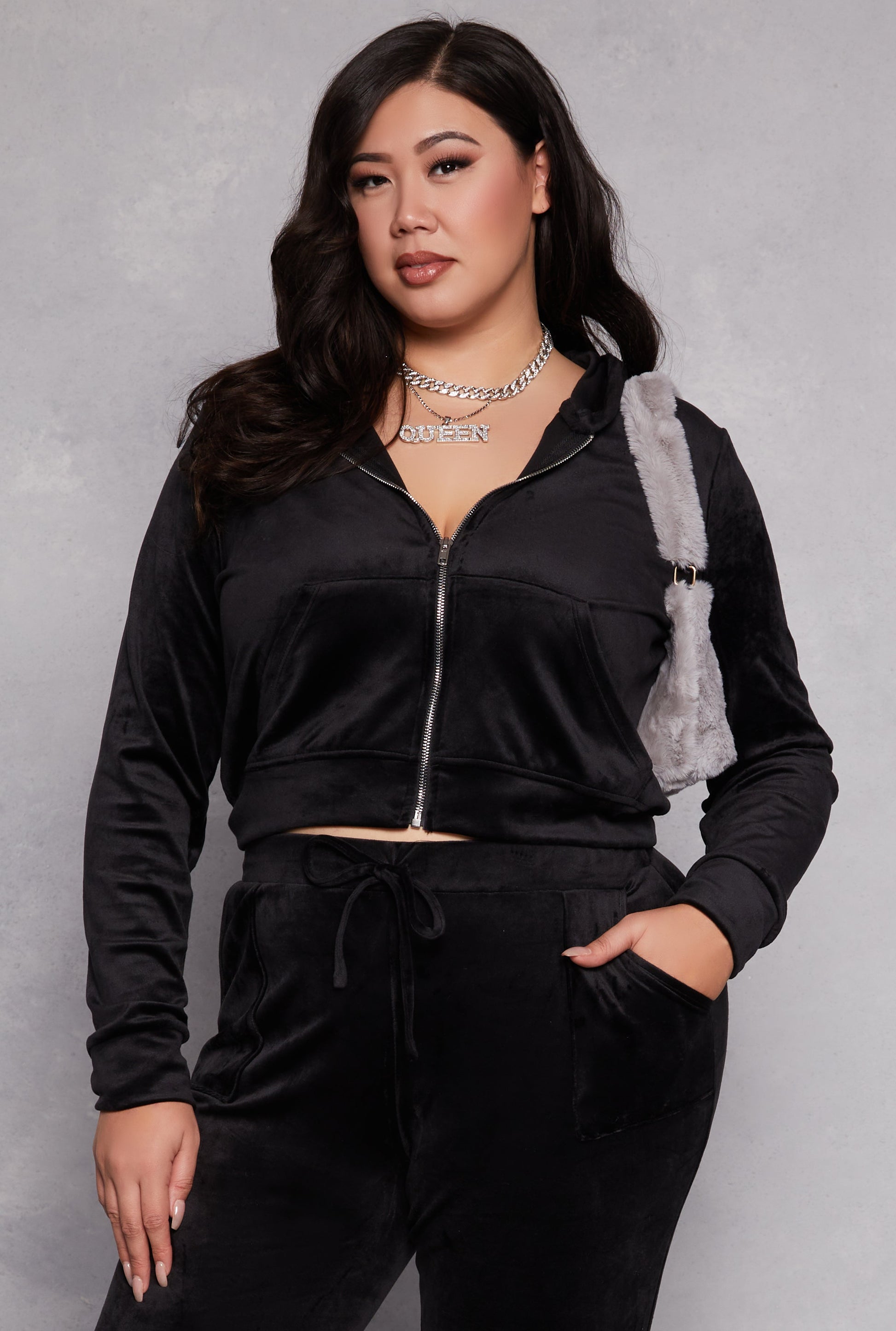 Plus Size Velour Front Zip Hoodie