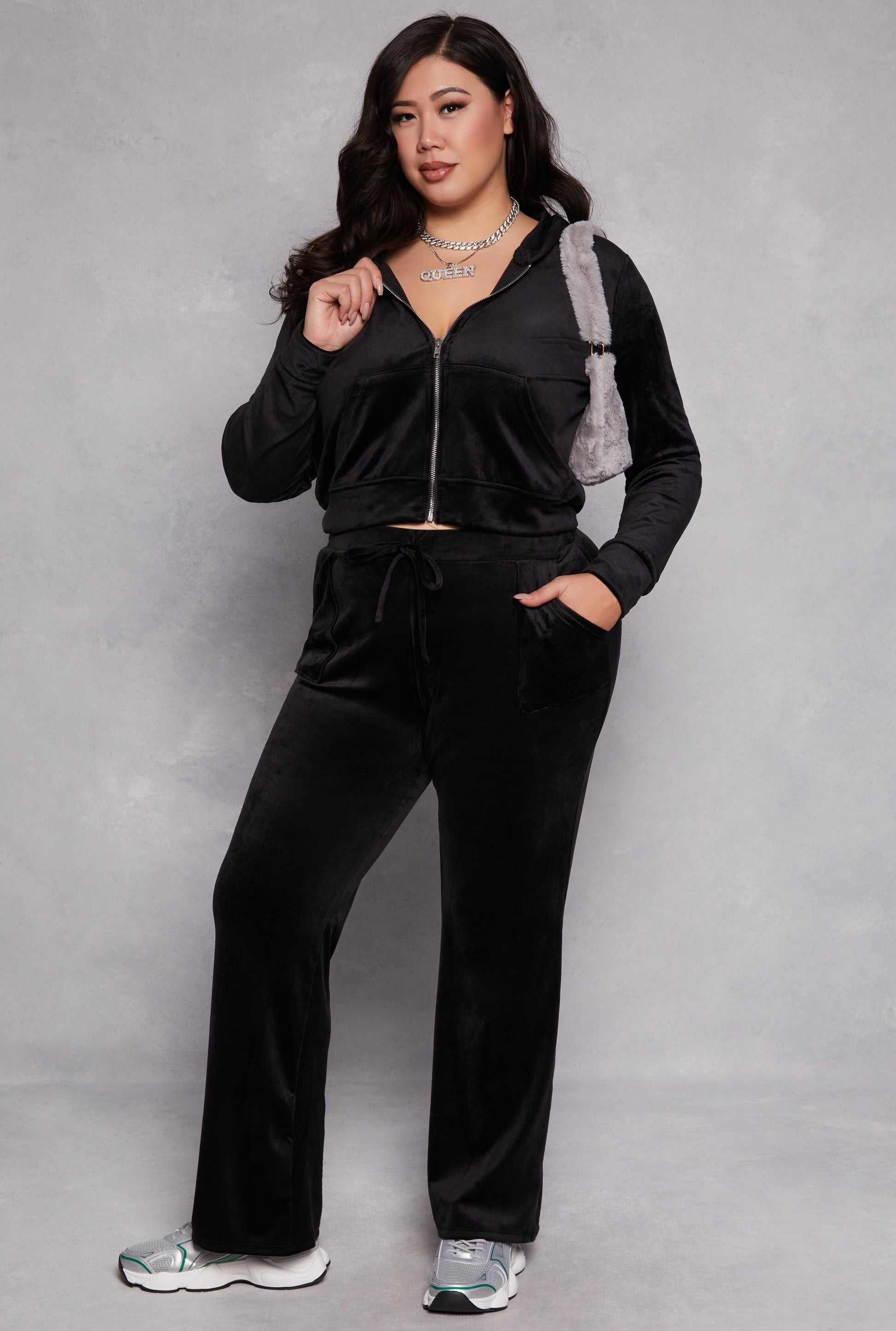 Plus Size Velour Front Zip Hoodie