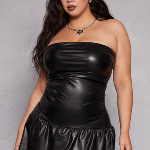 Plus Size Almost Famous Faux Leather Bubble Hem Mini Dress