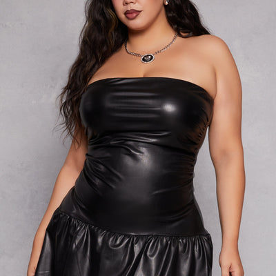 Plus Size Almost Famous Faux Leather Bubble Hem Mini Dress