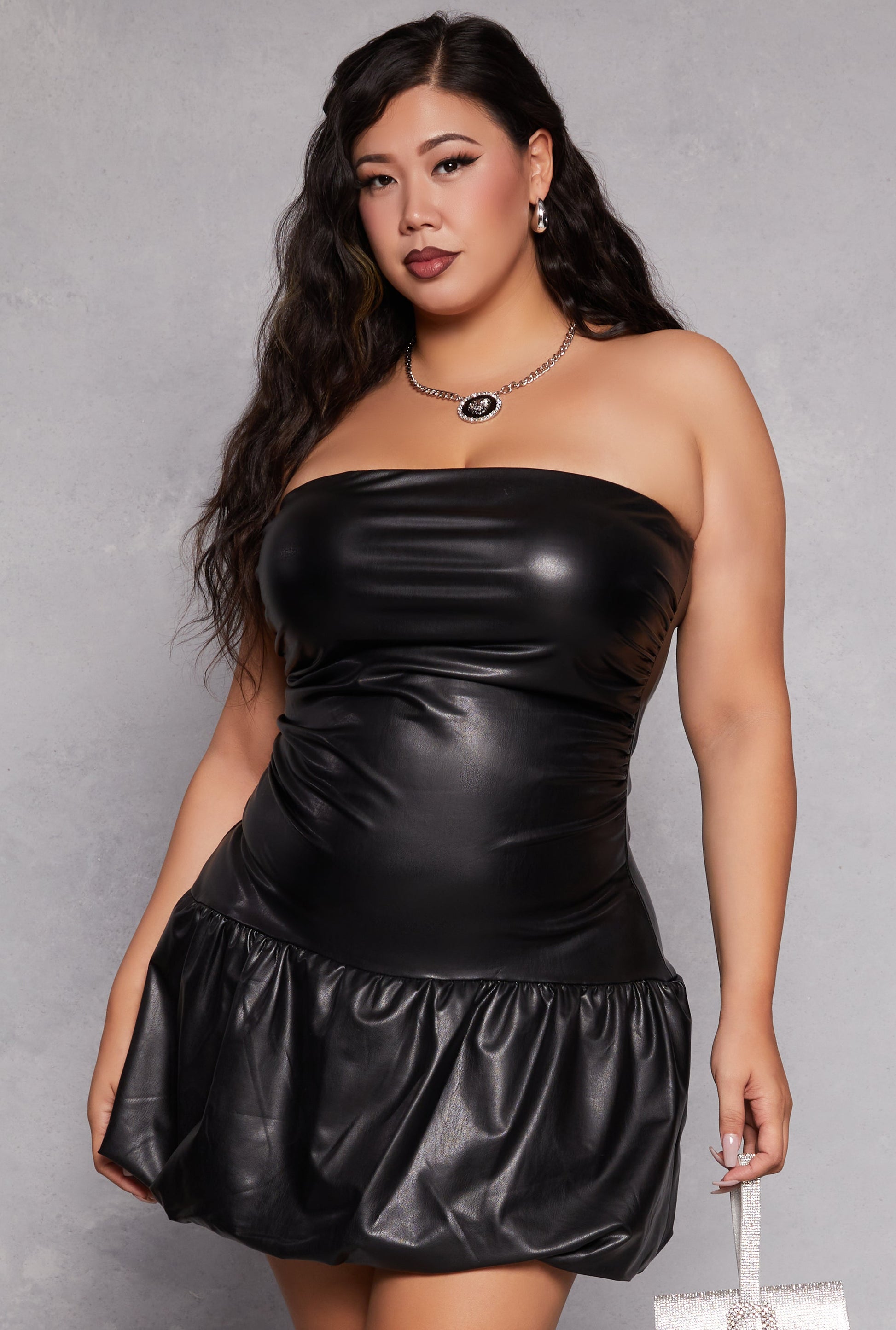 Plus Size Almost Famous Faux Leather Bubble Hem Mini Dress