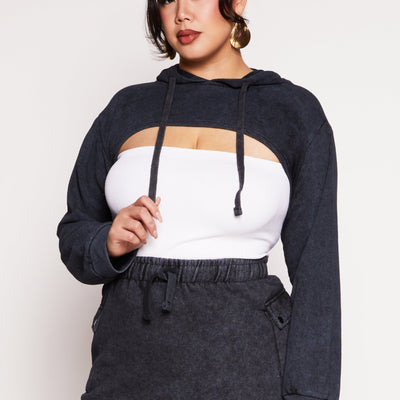 Plus Size Acid Wash Hooded Shrug