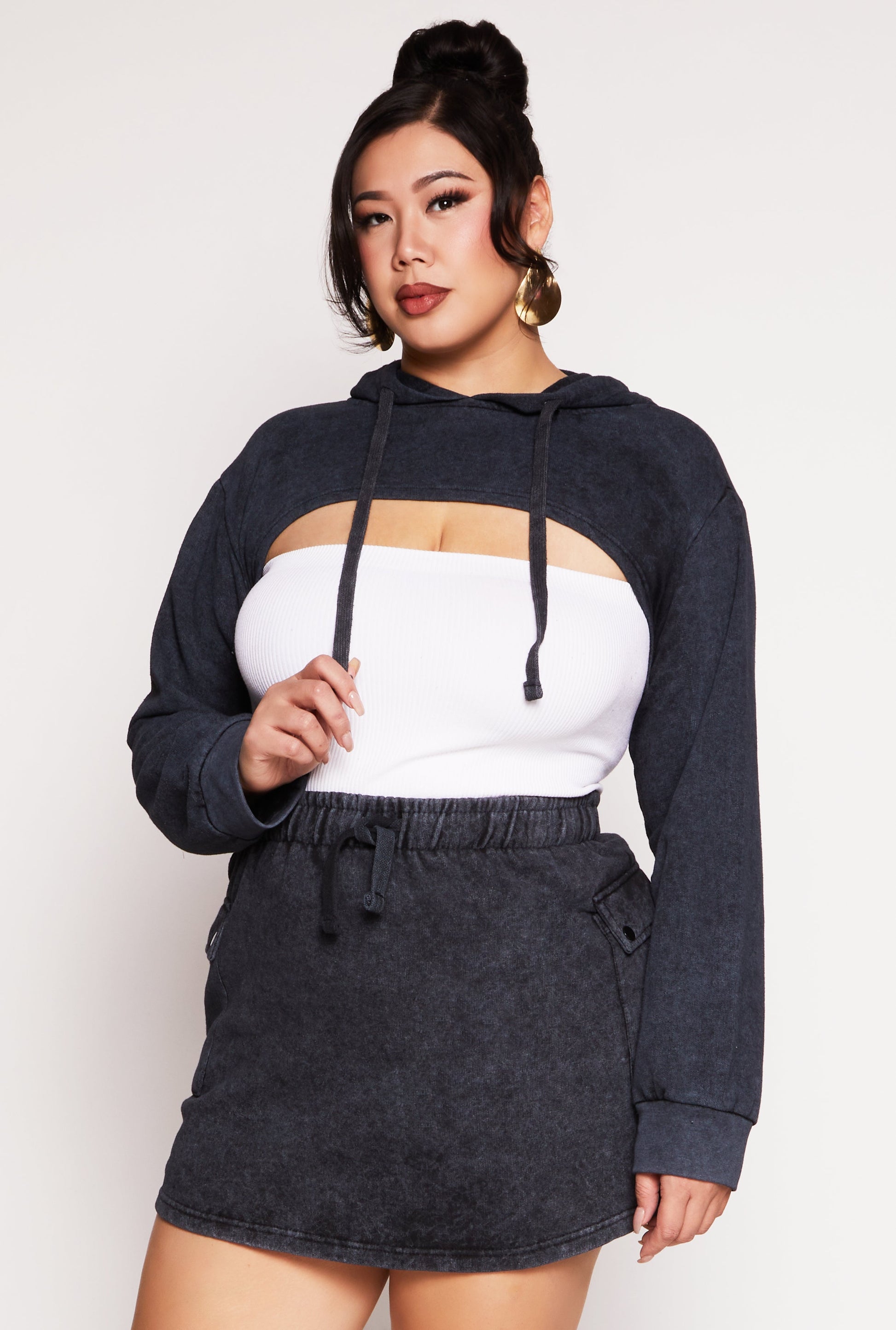 Plus Size Acid Wash Hooded Shrug
