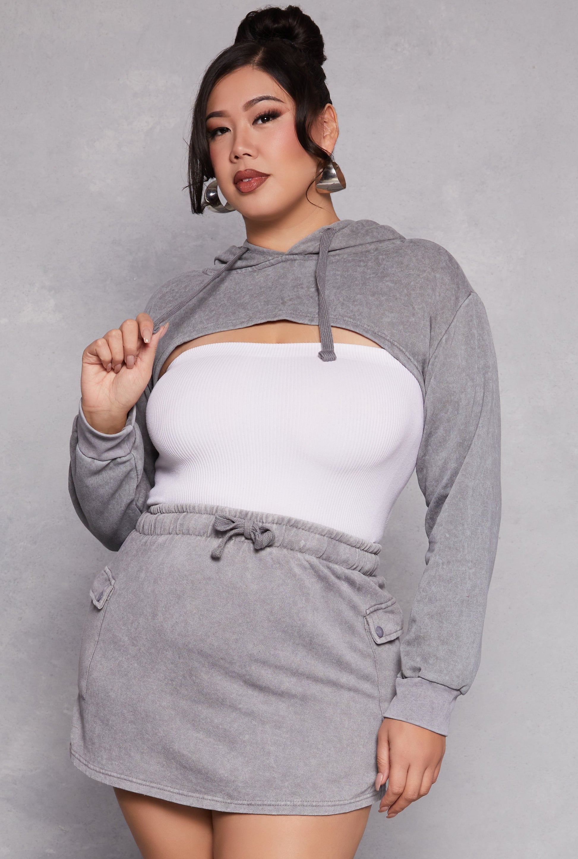 Plus Size Acid Wash Hooded Shrug
