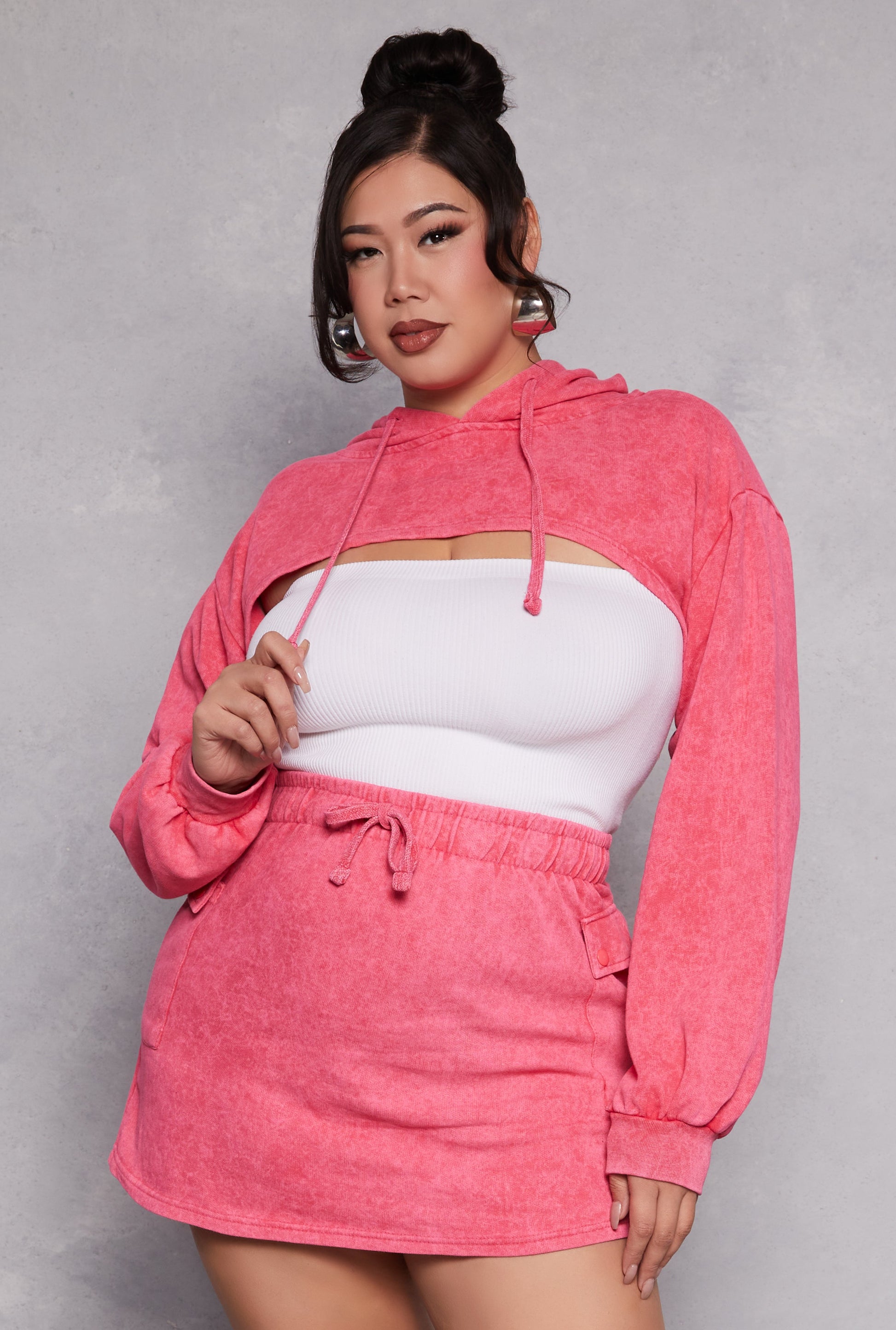 Plus Size Acid Wash Hooded Shrug