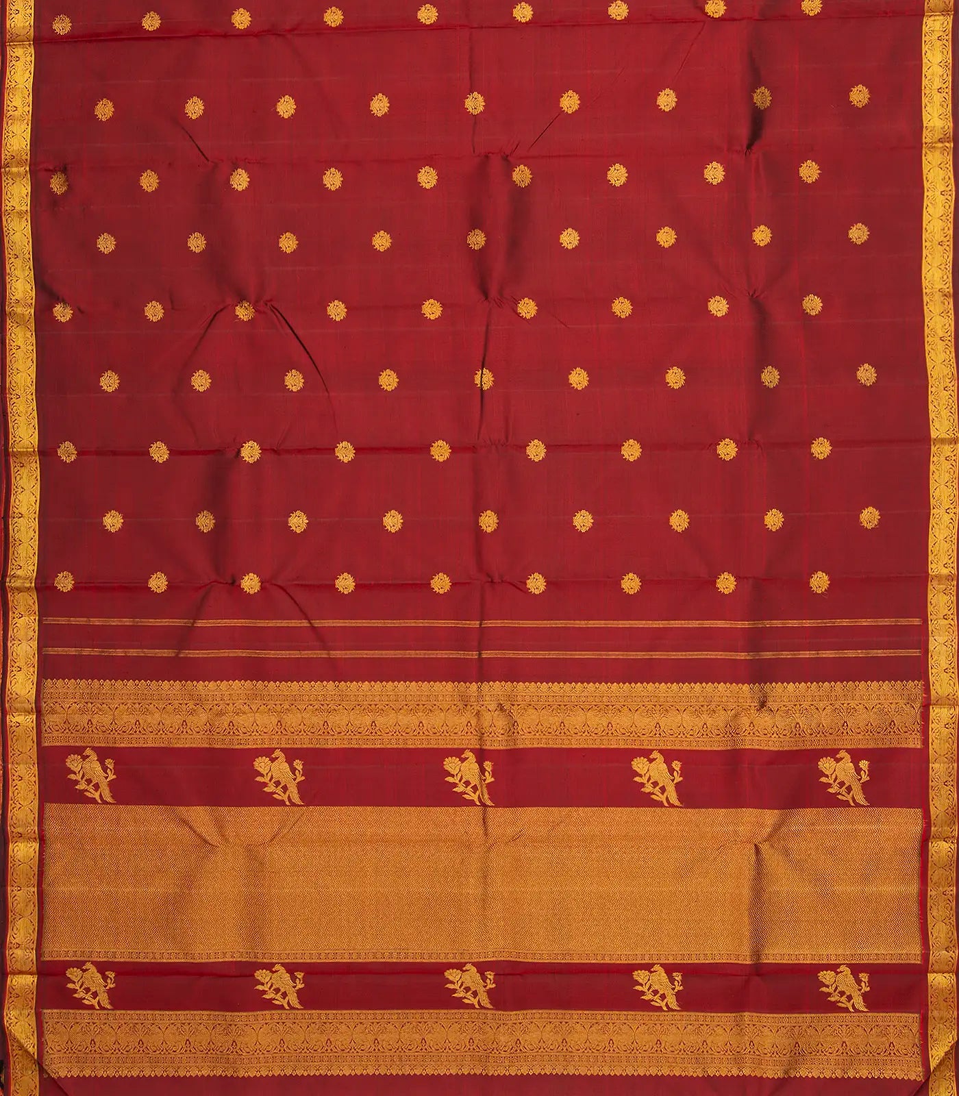 Maroon Handloom Kanchipuram Silk Saree With Floral Zari Buttas