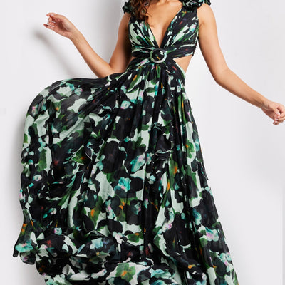 Print Sleeveless A-line Slit Gown by Jovani 39420