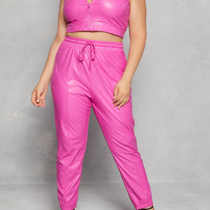 Plus Size Faux Leather Drawstring Joggers