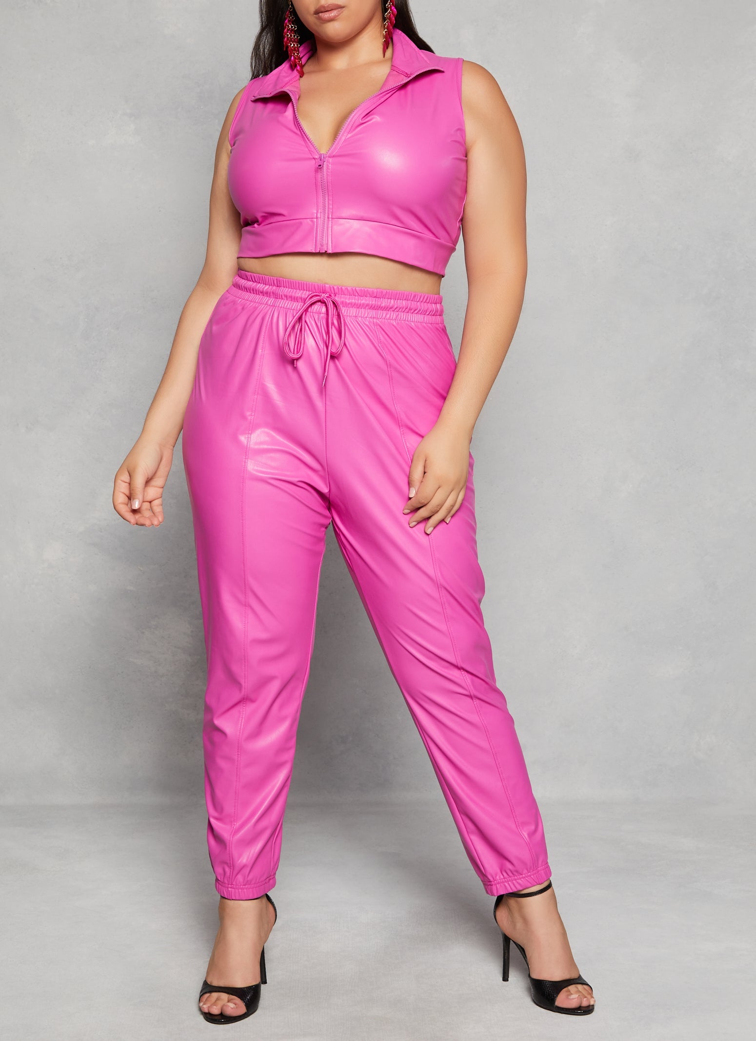 Plus Size Faux Leather Drawstring Joggers