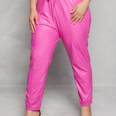Plus Size Faux Leather Drawstring Joggers