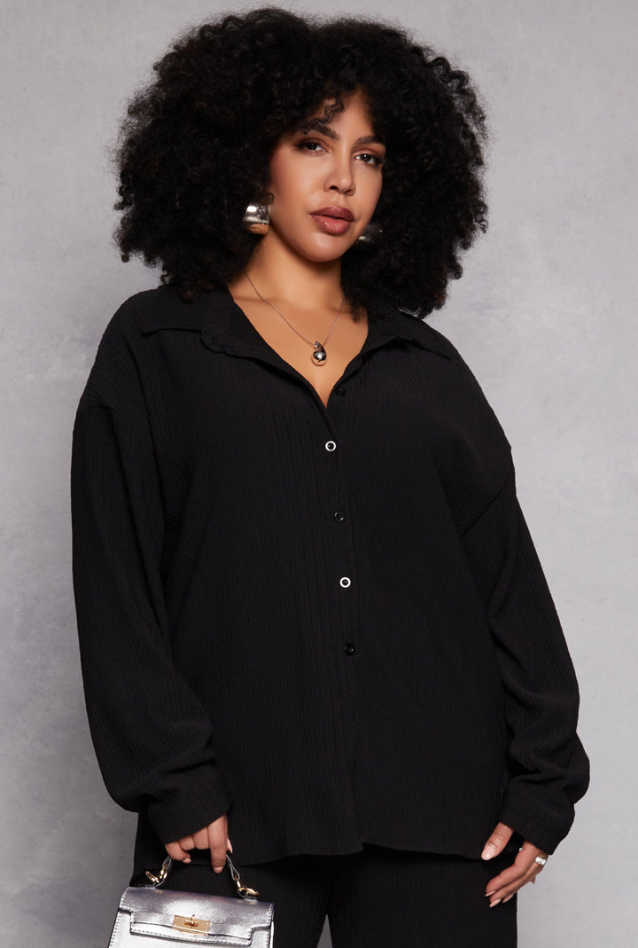 Plus Size Textured Knit Button Down Shirt