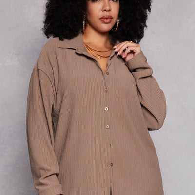 Plus Size Textured Knit Button Down Shirt