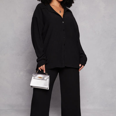 Plus Size Textured Knit Wide Leg Dress Pants